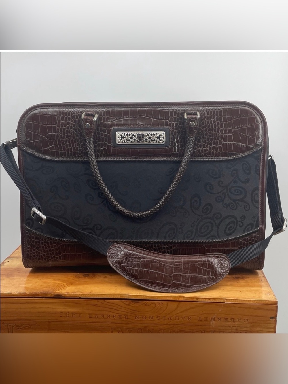 Brighton brown black jacquard braided leather weekender travel luggage bag